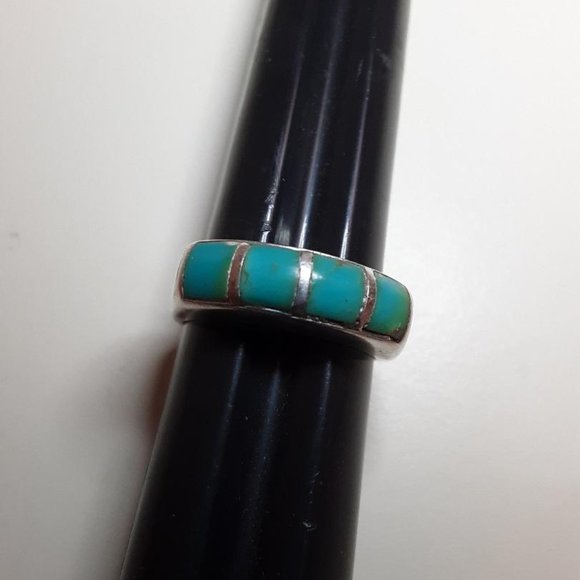 Sleeping Beauty Turquoise Inlay Sterling Band Ring - Picture 2 of 6